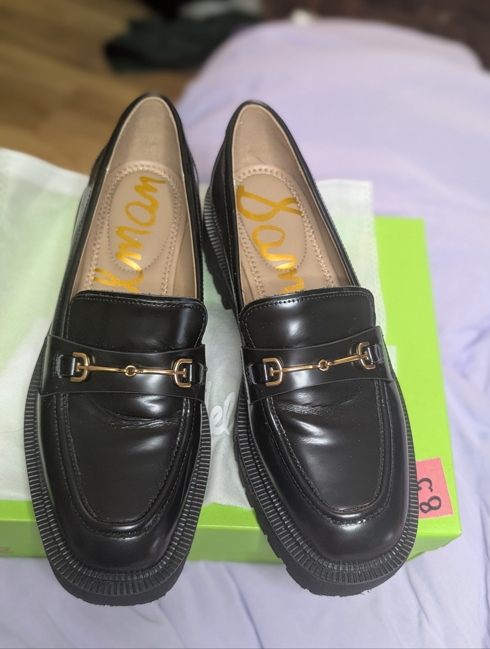 Sam Edelman Loraine Bit Loafers Black Leather Lug Sole Size 8.5 Women